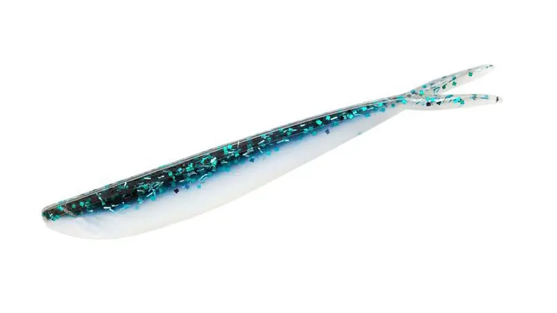 Lunker City Fin-S Fish fork-tail lure with a pearl belly and blue-green glitter back