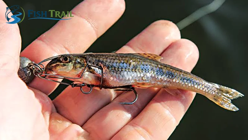 Small baitfish mounted on a weighted fishing rig in an angler’s hand