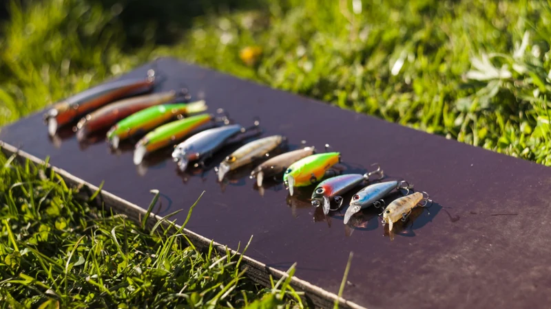 Selection of hard fishing lures arranged on a board beside the water