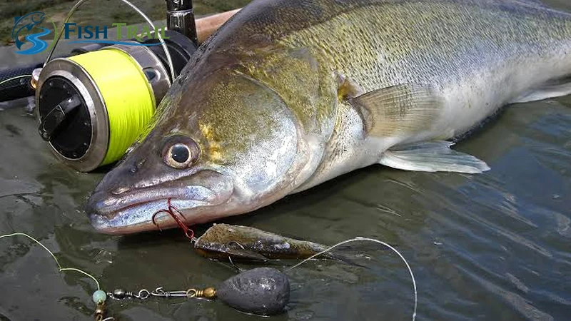 Zander beside a spinning reel and a deadbait rig with a lead